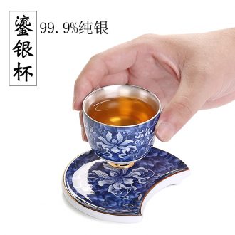 Master cup single cup 999 sterling silver cup tea blue-and-white porcelain sample tea cup, kung fu tea bowl coppering.as silver cup