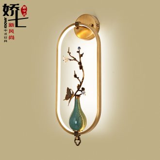 New Chinese style ceramic wall lamp all copper zen Chinese wind creative move sitting room bedroom study club villa hotel