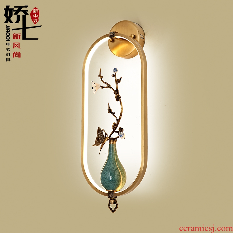 New Chinese style ceramic wall lamp all copper zen Chinese wind creative move sitting room bedroom study club villa hotel