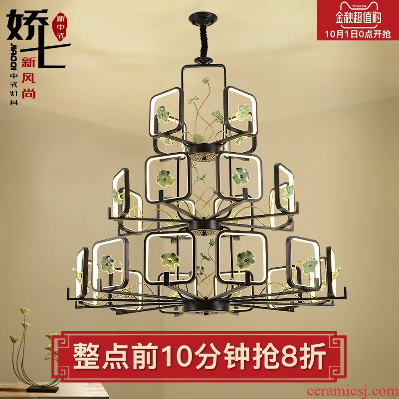 Jiao seven new Chinese style droplight ceramic compound floor of sitting room lamps and lanterns of double three-layer villa zen restaurant stair droplight