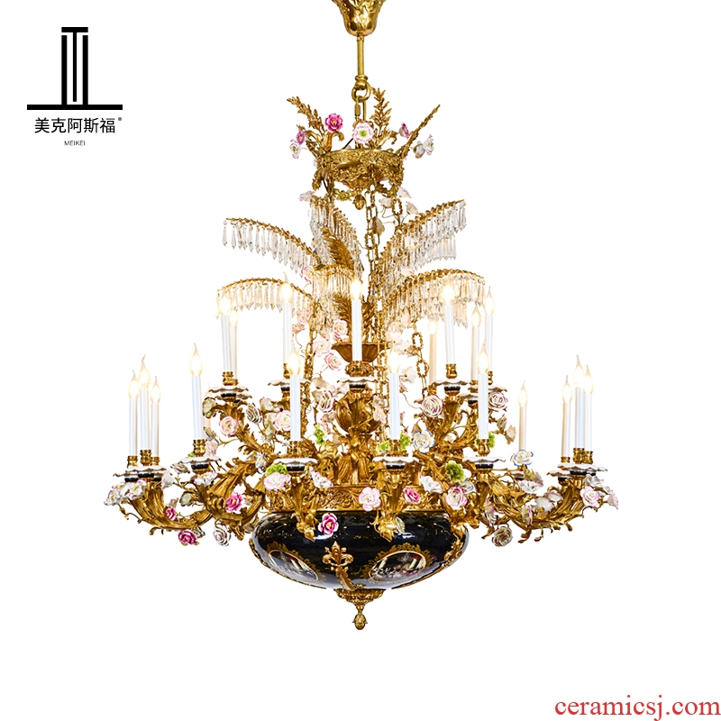 French pure copper chandeliers villa luxury romantic European ceramic crystal lamp double living room light court lamps and lanterns