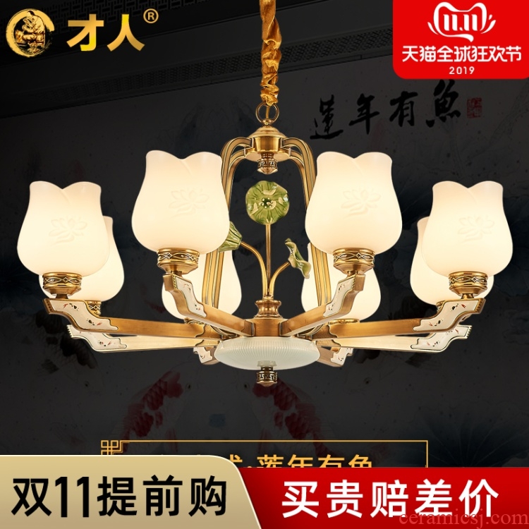 New Chinese style full copper chandelier contracted ceramic lamp lotus sitting room dining - room lamp Chinese wind small pure and fresh and New bedroom light