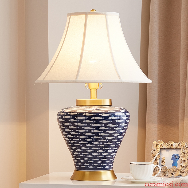 Sitting room lamp American I and contracted style bedroom whole copper creative hand - made of water - wave jingdezhen ceramic bedside lamp