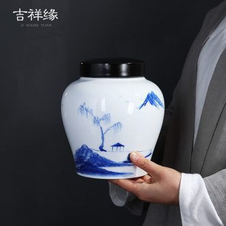 Auspicious margin of dehua white porcelain ceramic hand painting landscape seal storage tanks puer tea caddy cylinder moistureproof cans
