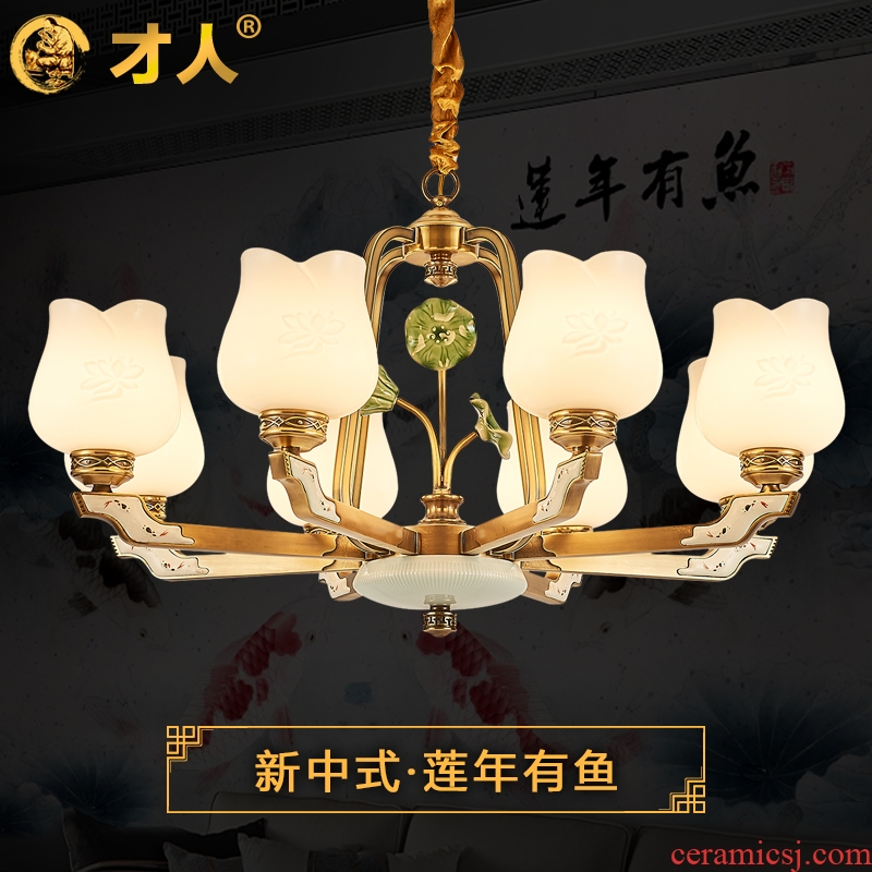 New Chinese style full copper chandelier contracted ceramic lamp lotus sitting room dining-room lamp Chinese wind small pure and fresh and new bedroom light