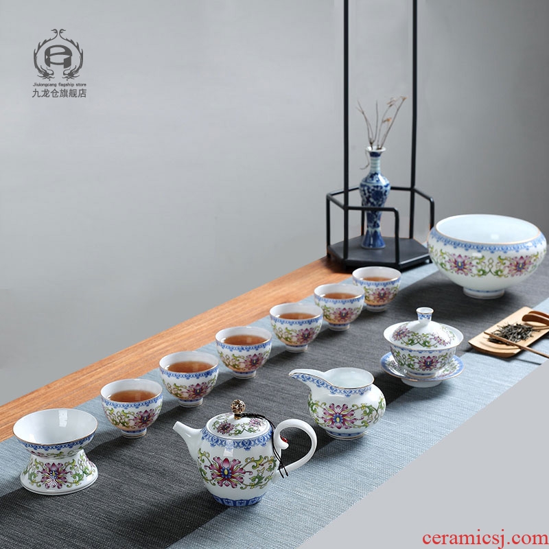 DH jingdezhen archaize home of kung fu tea set a complete set of ceramic powder enamel tureen teapot teacup office