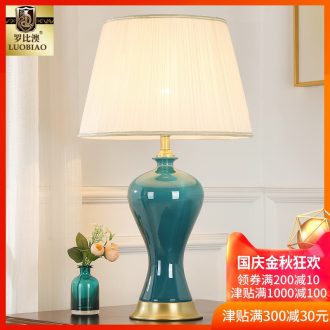 Europe type desk lamp light creative American sitting room contracted romantic warmth of bedroom the head of a bed of remote control light luxury ins ceramic lamp