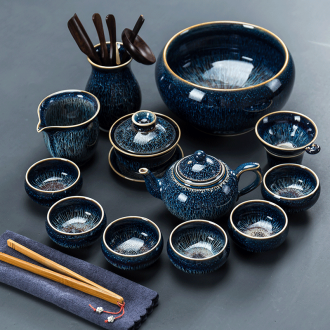 Jingdezhen kung fu tea set built lamp up ceramic household tea tray masterpieces temmoku glaze teapot teacup contracted