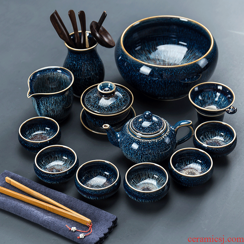 Jingdezhen kung fu tea set built lamp kiln ceramic household tea tray masterpieces temmoku glaze teapot teacup contracted