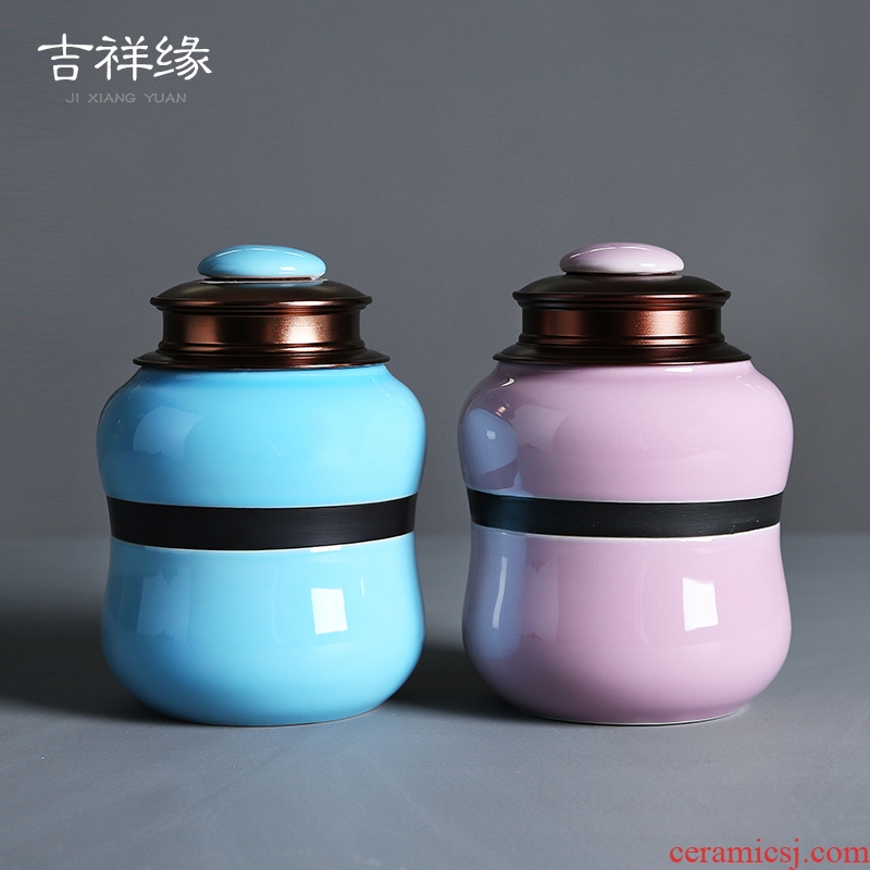 Auspicious edge caddy ceramic seal pot home storage alloy double cover up receives the tea gift box packaging