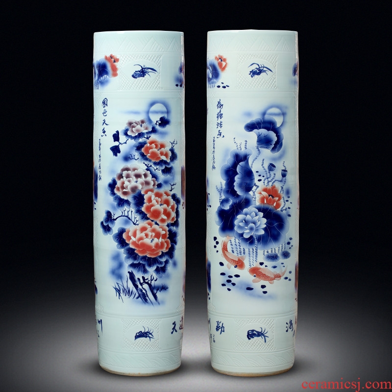 Jingdezhen ceramics hand - made landing big vase peony lotus sword barrel all hand carved quiver opening furnishing articles