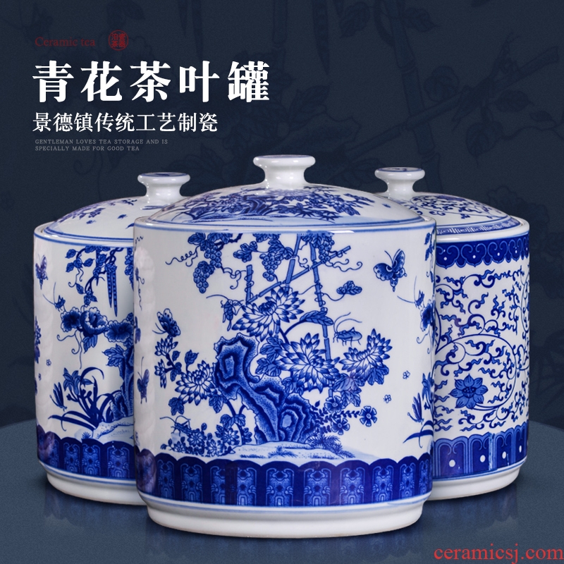 Blue and white porcelain of jingdezhen ceramics furnishing articles large caddy pu-erh tea cake tea box store receives tea cake storage jar