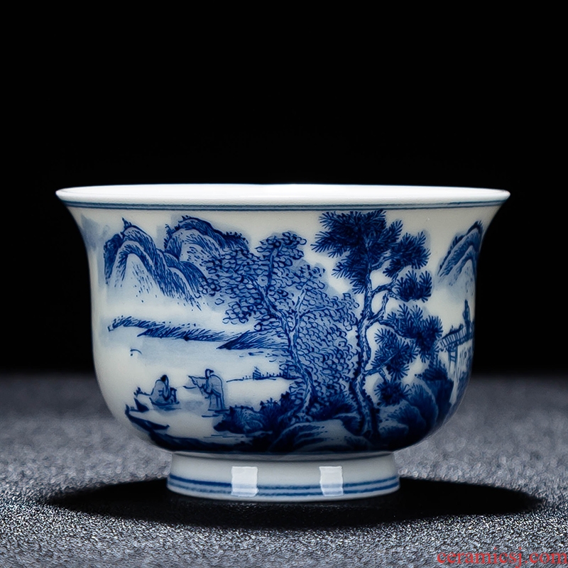 Jingdezhen blue and white landscape kung fu tea set sample tea cup pure manual hand-painted ceramic personal single cup master cup tea cups