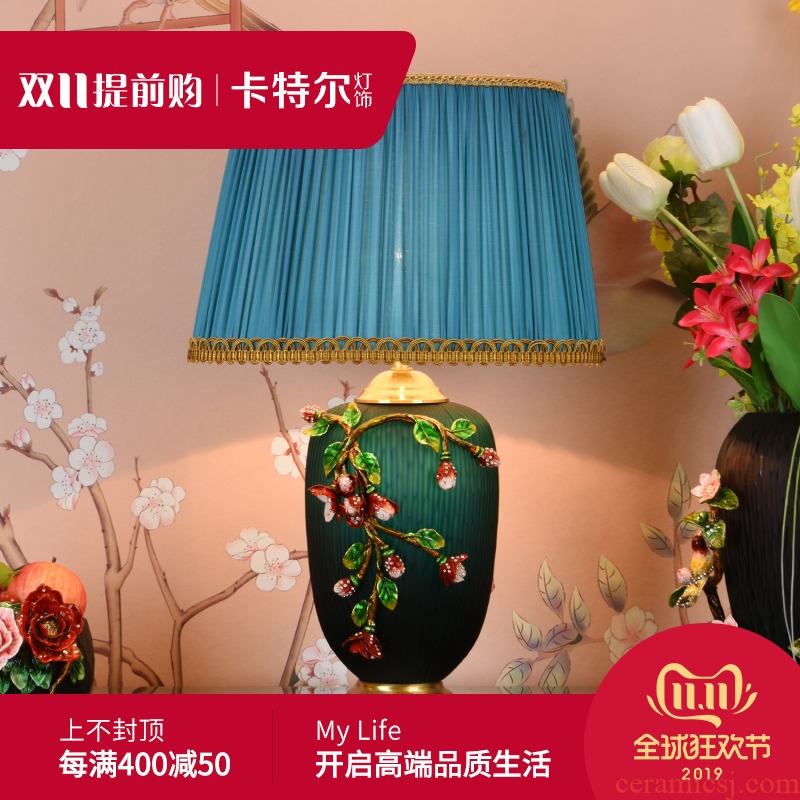 New Chinese style full copper ceramic desk lamp light colored enamel American restoring ancient ways is the sitting room of bedroom the head of a bed lamp high - grade villa lighting