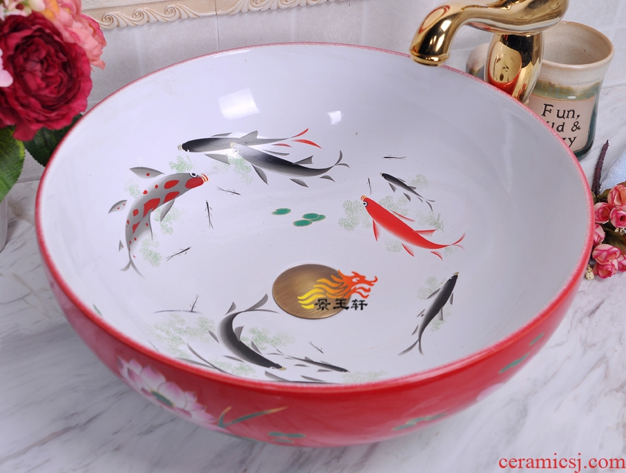 Jingdezhen ceramic art basin of red and white lotus pond carp basin ceramic basin to the stage of the basin that wash a face to the sink