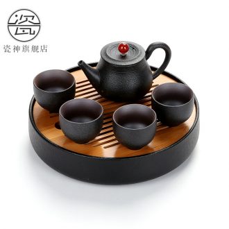 Black pottery porcelain household god zen travel kung fu tea set contracted the whole Taiwan Black some ceramic porcelain tea sets tea tray