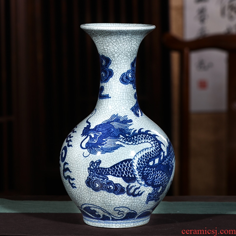 Jingdezhen ceramics dragon playing pearl blue and white porcelain vases, flower arrangement furnishing articles furnishing articles archaize sitting room of the new Chinese style