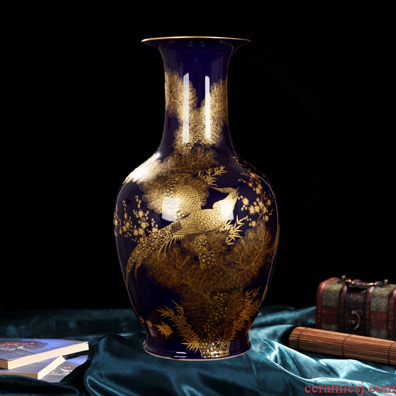 Jingdezhen ceramic vase high-end antique qianlong ji blue colour bottle home decoration craft flower glaze furnishing articles