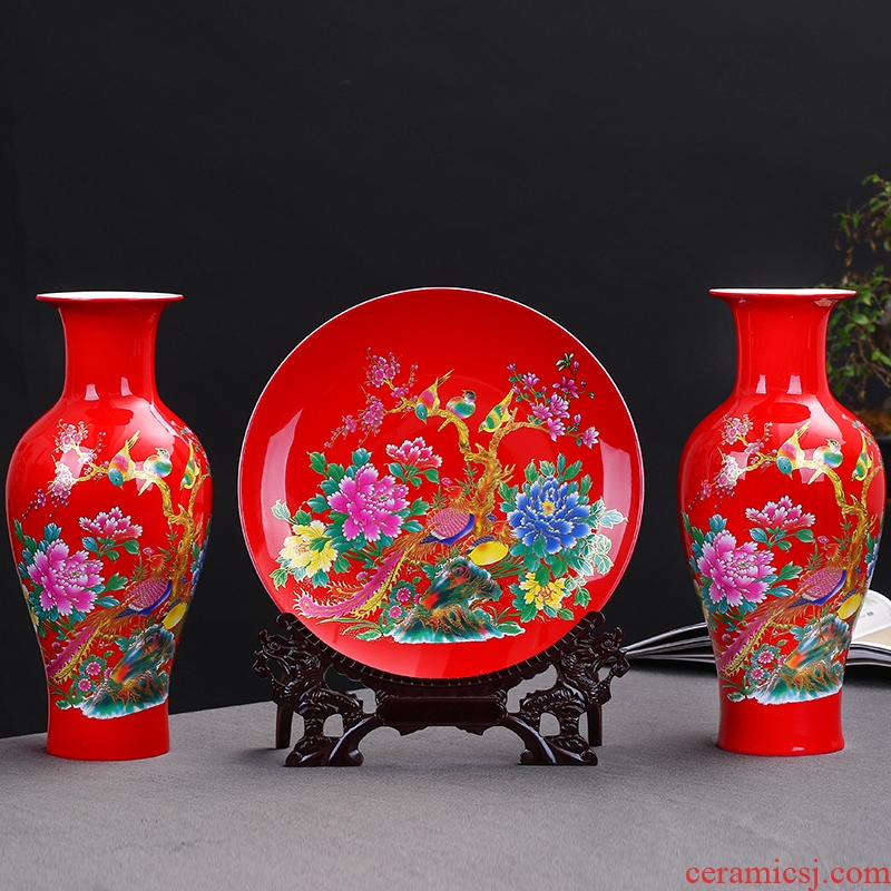 Jingdezhen ceramics painting of flowers and red three - piece vase furnishing articles of modern Chinese style sitting room adornment is placed gifts