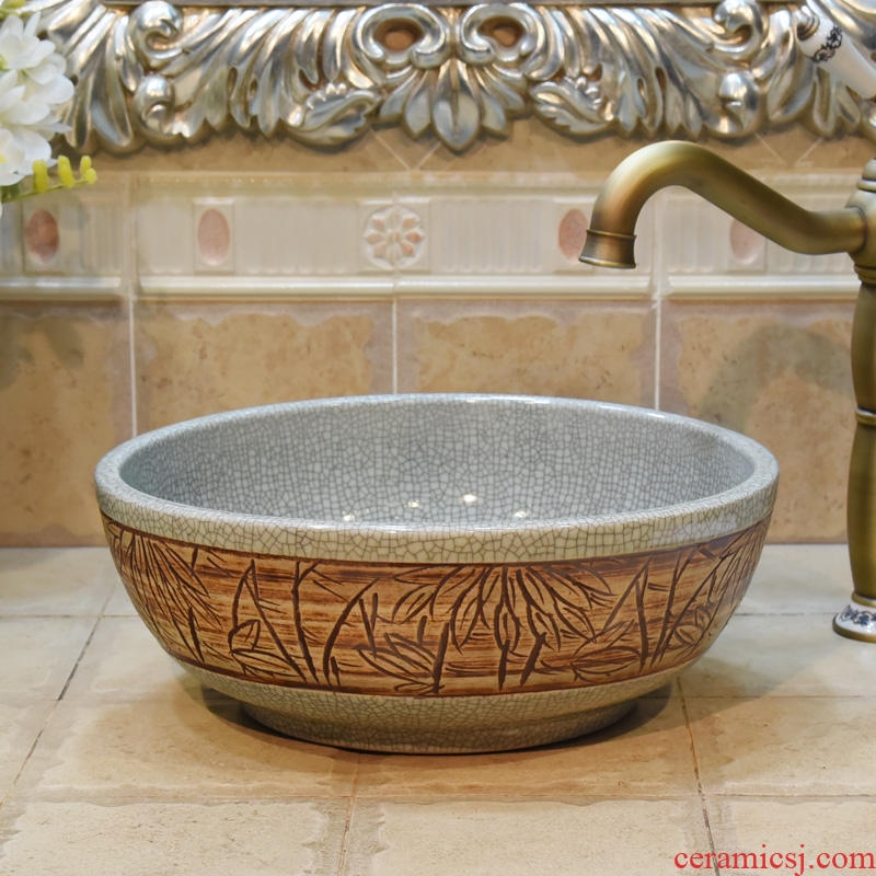 Jingdezhen ceramic stage basin lavatory basin, art basin sink basin small crack 35 cm bamboo leaves