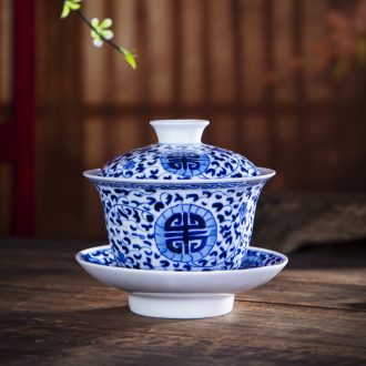 Hand draw large antique tureen ceramic tea cups machine manual kung fu tea set of blue and white porcelain tea three cups