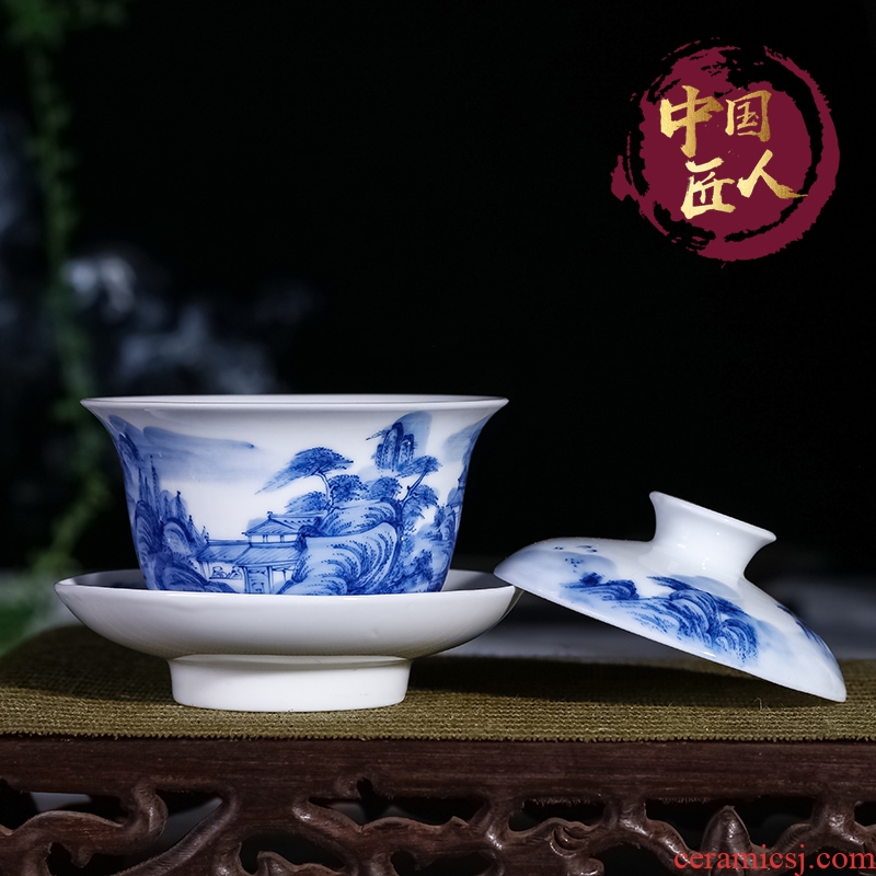 Jingdezhen only three bowls of tureen hand-painted ceramic blue large kung fu tea tea cup tea ceremony worship bowl of tea