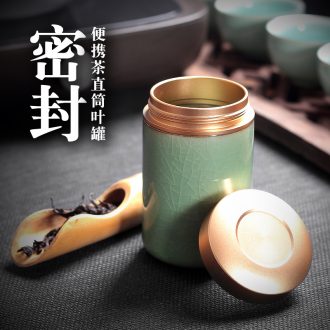 Portable metal caddy fixings tea boxes mini ceramic household seal small pu - erh tea store receives longquan celadon ceramics