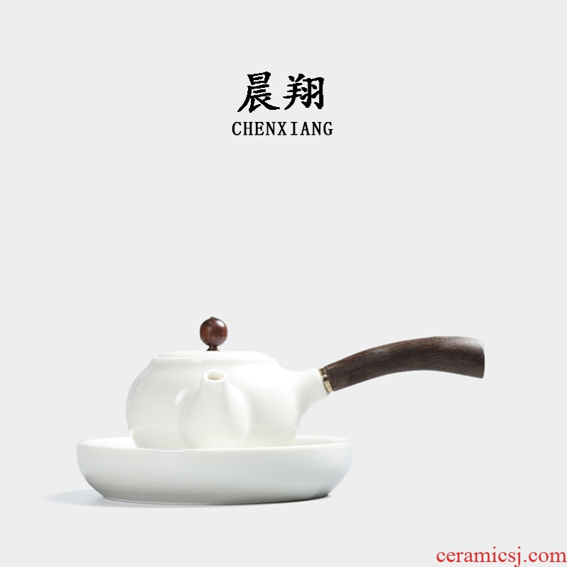 Chen xiang yu, white glazed ceramic teapot with wooden handle, side put the pot of white porcelain single pot of traditional kung fu tea tea gift box