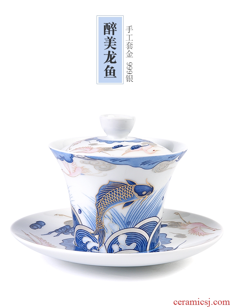Auspicious dragon fish ceramic tureen cup three only three of the bowl bowl large of blue and white porcelain cup kung fu tea set