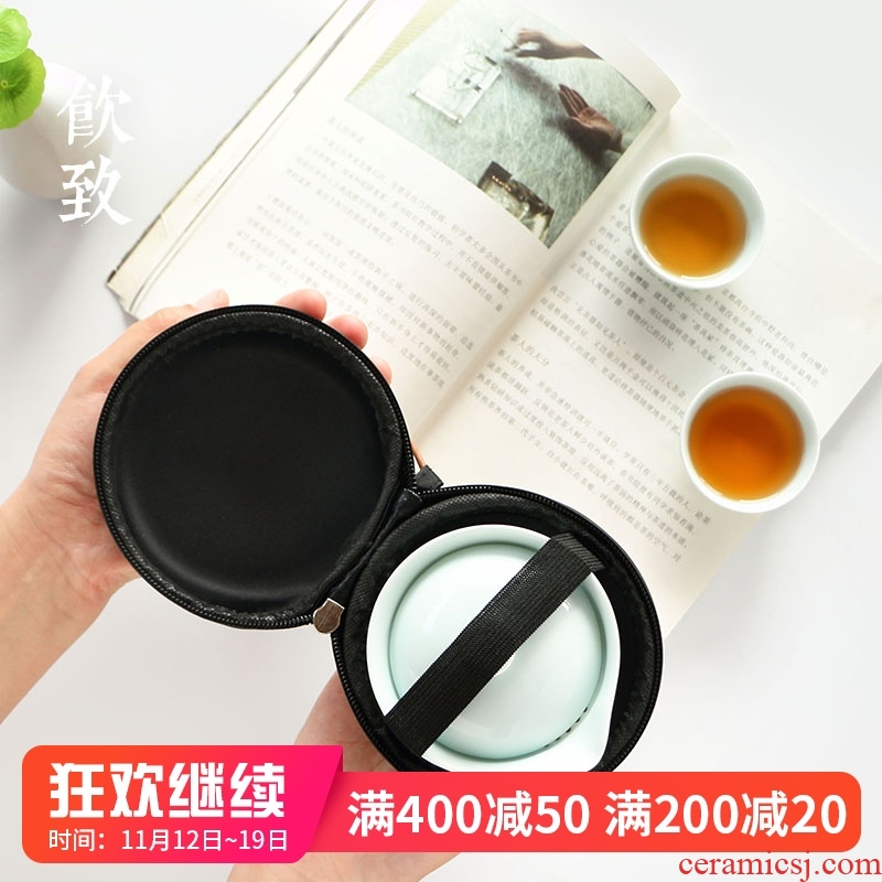 Ultimately responds to shadow celadon travel tea set a pot of two cups of portable package mini ceramic kunfu tea with crack cup