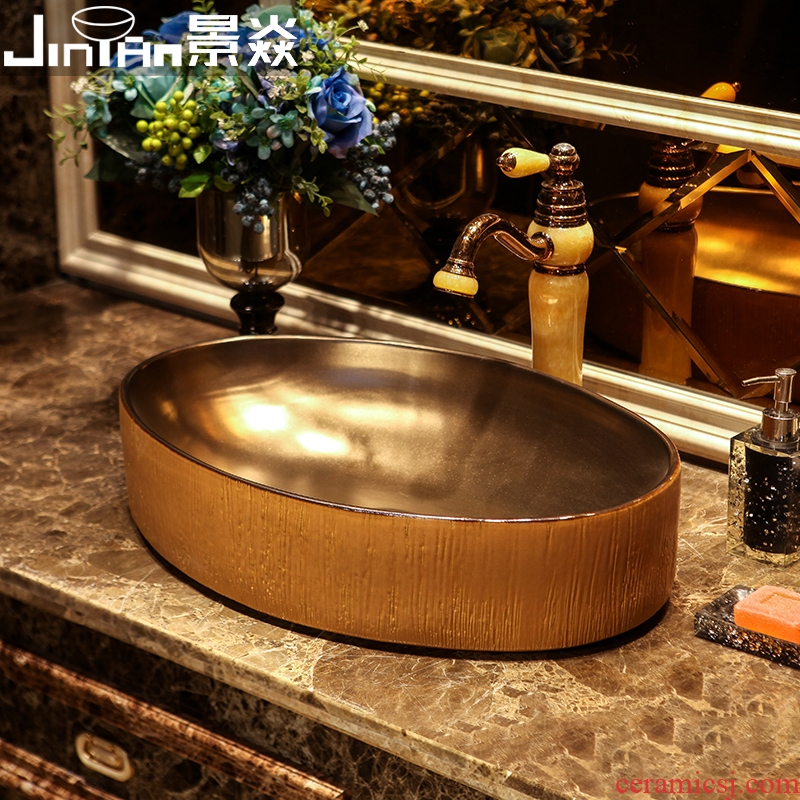 JingYan brown gold wood art stage basin industrial ceramic lavatory wind restoring ancient ways is the sink Chinese basin on stage