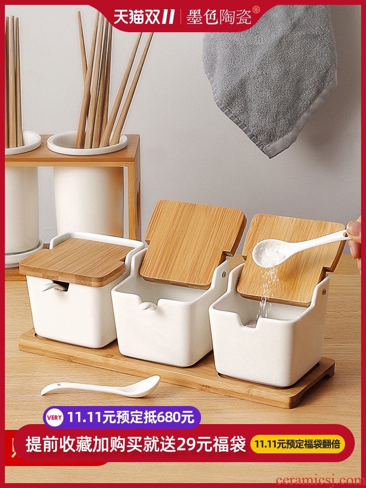 Creative ceramic flavor pot three - piece household kitchen seasoning the receive box salt monosodium glutamate seasoning box set