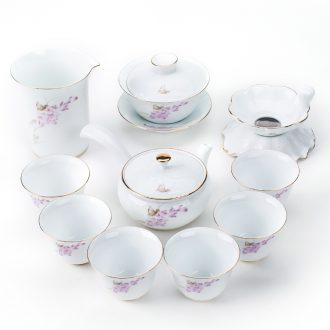 Bin, white porcelain kung fu tea set household contracted ceramic gifts hand - made paint side the lid of a complete set of dishes