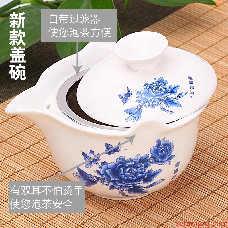 Four - walled yard three to prevent hot tureen large ceramic cups kung fu tea tea bowl hand grasp pot of blue and white porcelain
