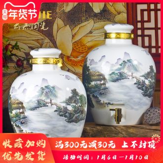 Jingdezhen ceramic jars 10 jins 20 jins 30 jins landscape ceramic with leading liquor cylinder seal pot mercifully porcelain jar