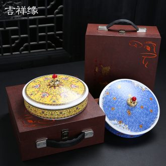 Chinese wind colored enamel puer tea cake ceramic tea pot white tea cake court wind puer tea boxes, wooden gift box