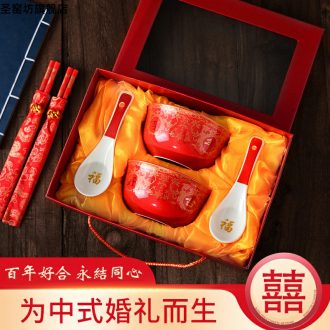 Chinese style wedding to bowl and cup or bowl tableware suit to Mary question red ceramic bowl wedding festival gifts