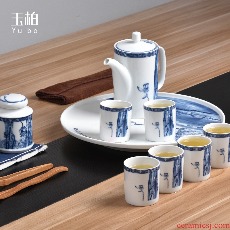 Jade cypress white porcelain of jingdezhen hand - made sitting room nine woolly hospitality handiwork of blue and white porcelain tea set with pallet load