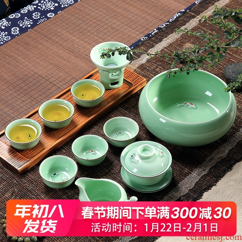 Household longquan celadon carp fish, goldfish ceramic kunfu tea tea set the teapot tea cups with Chinese style