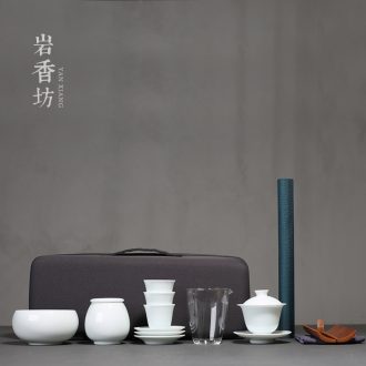 YanXiang lane, green white porcelain kung fu tea set, ceramic tea art show portable three set of tureen