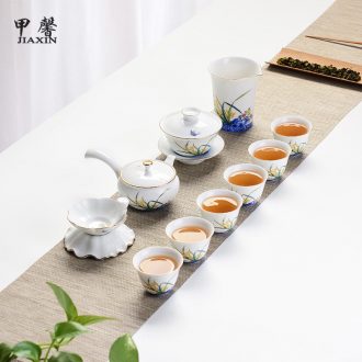 JiaXin blue and white porcelain tea set kung fu tea set household contracted Chinese tea tea set ceramic white porcelain tea set
