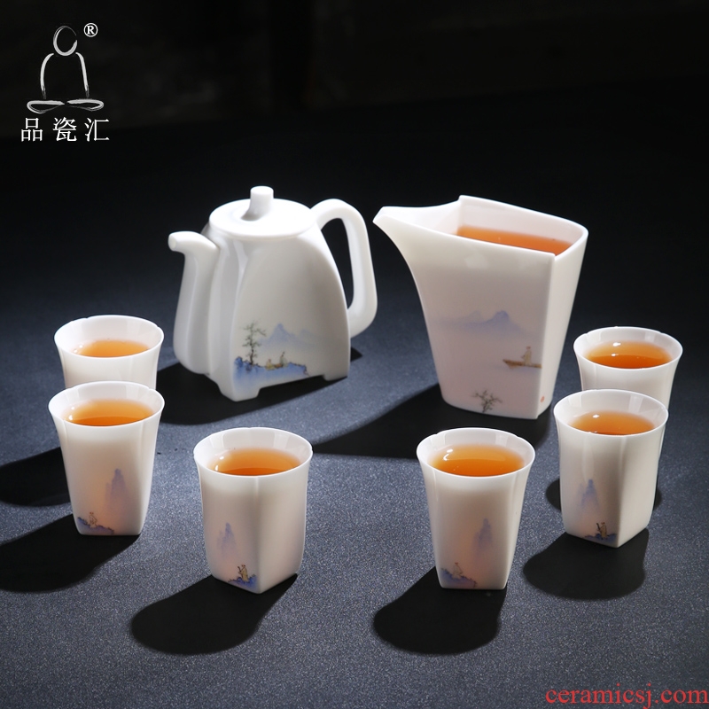 The Product white porcelain dehua porcelain porcelain remit kung fu tea set 6 cups of a complete set of household gift teapot hand - made of scenery