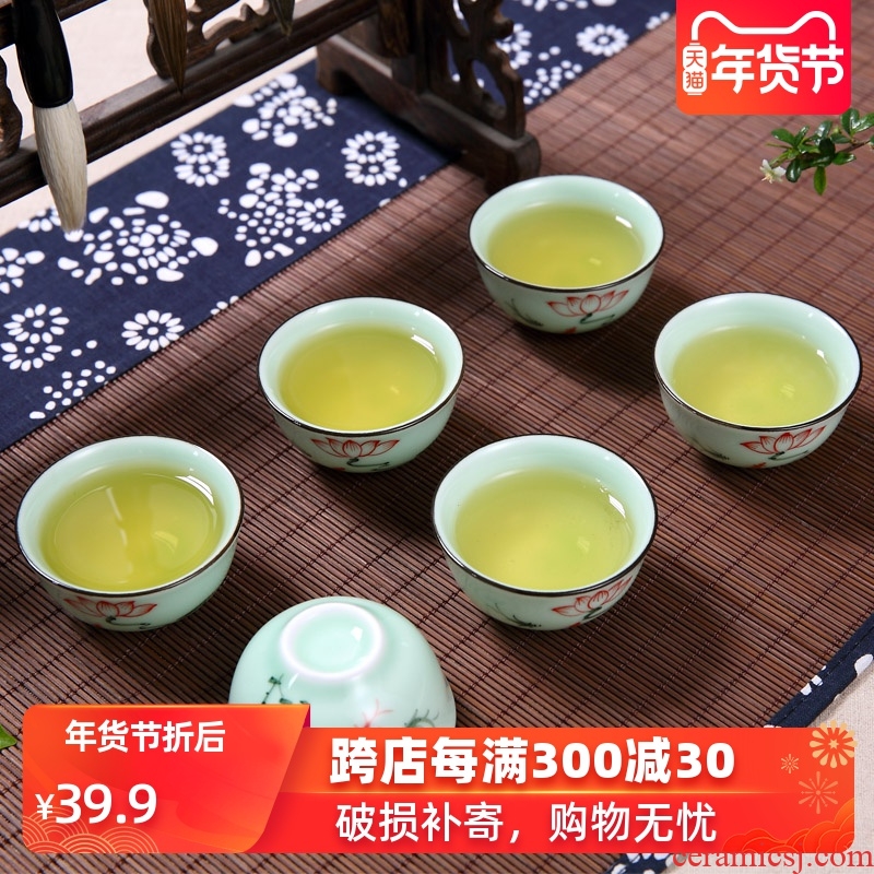 Household ceramic celadon hand - made mini kunfu tea cup set small 6 only a single cup tea cup of tea