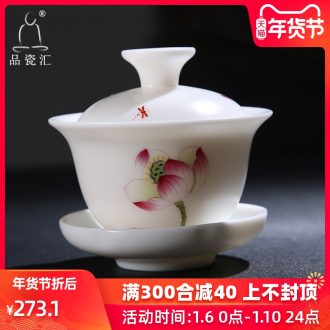 The Product dehua porcelain remit jade built white porcelain lotus rhyme tureen ceramic three mercifully tea tureen tea set
