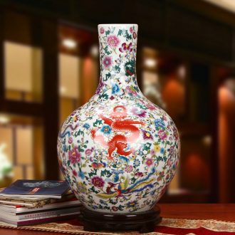 Jingdezhen ceramics powder enamel wulong four chicken ball bottle of large vases, antique Chinese style household crafts