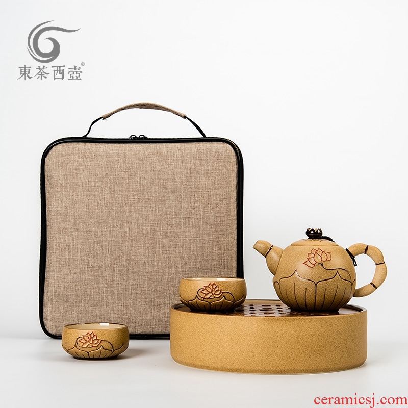 East west pot of tea cloth portable ceramic tea set fine gold ceramic round travel a pot of tea tray 2 cups of tea