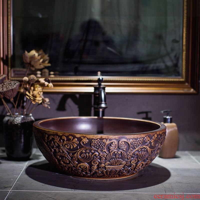 Jingdezhen ceramic lavatory toilet coconut trees stage basin restoring ancient ways round the sink water basin of Chinese style basin that wash a face