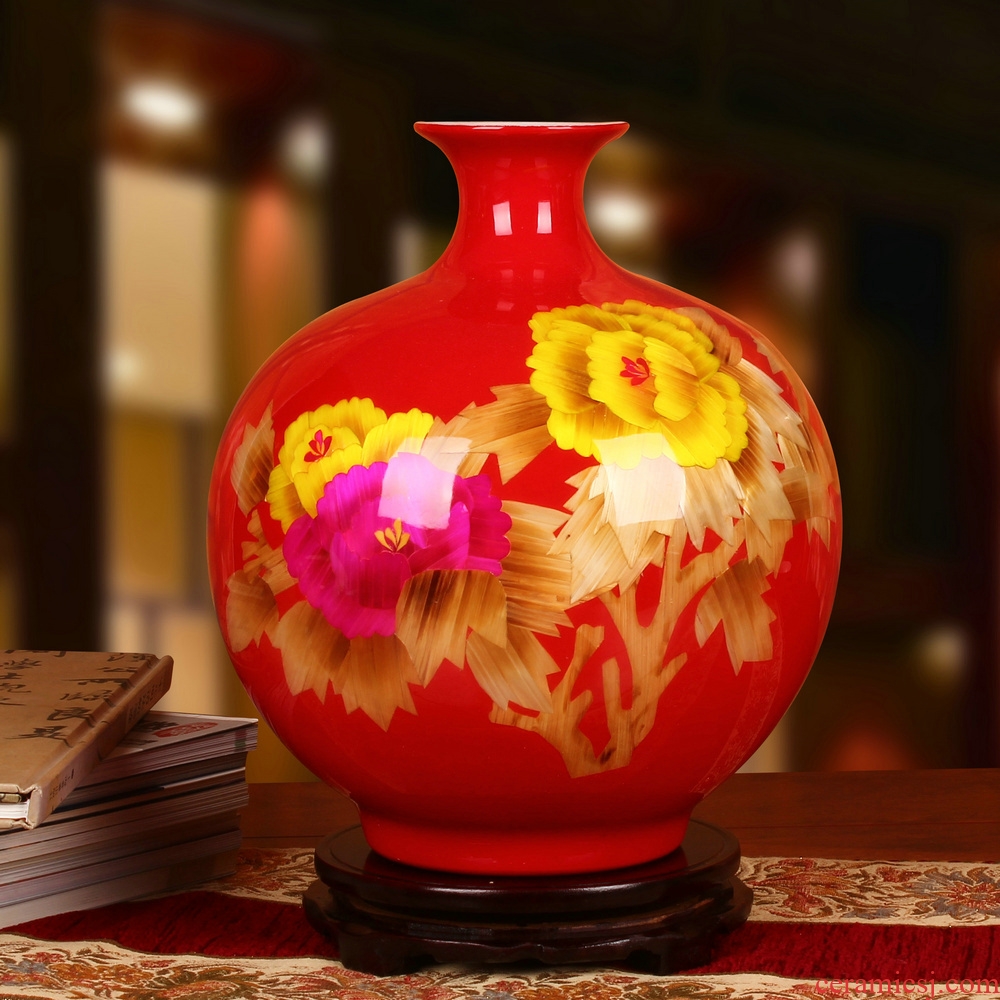 Jingdezhen ceramics vase Chinese red high - grade straw riches and honor peony vase wedding gifts new home furnishing articles