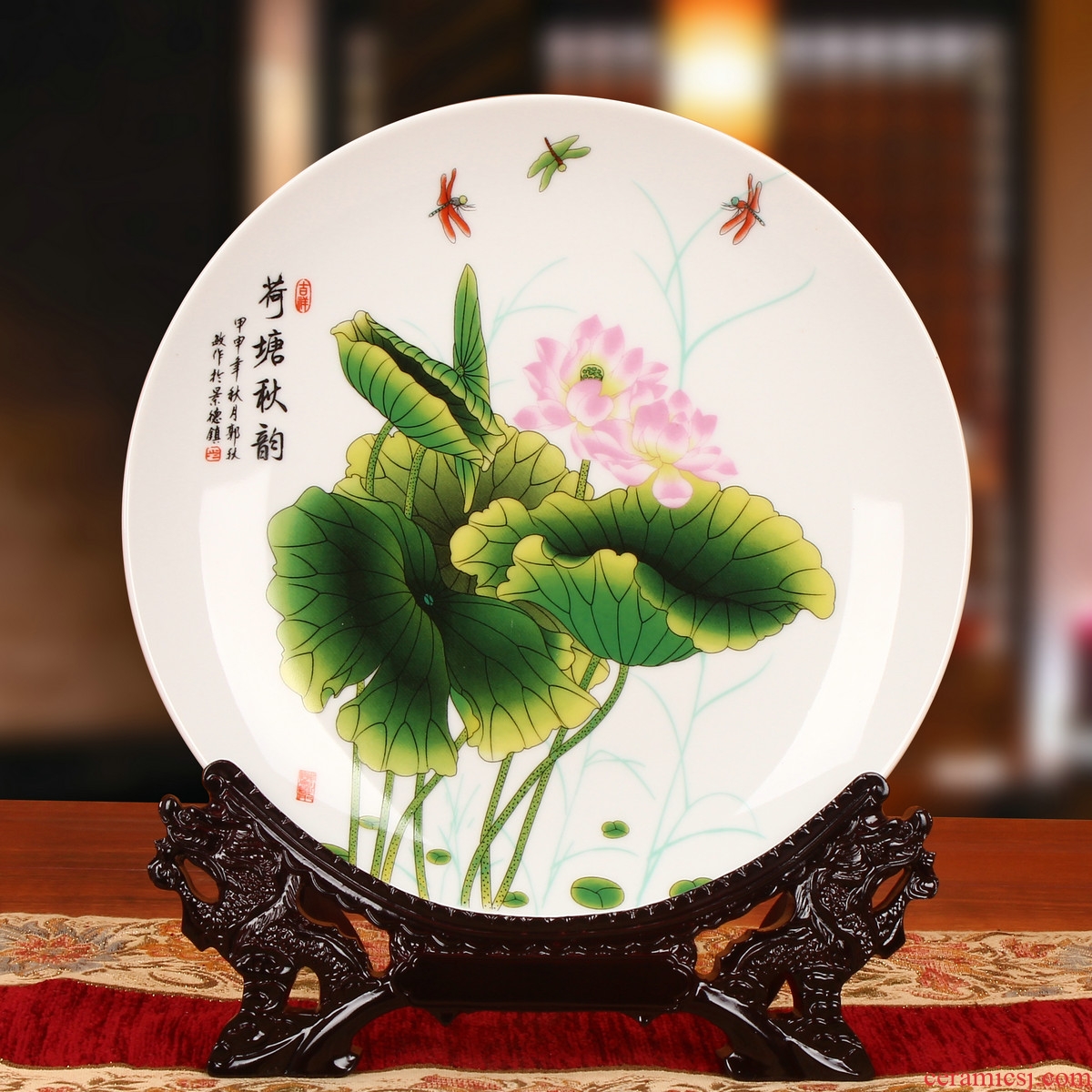 Jingdezhen ceramics powder enamel lotus blue sit hang dish plate faceplate Chinese style classical decoration home furnishing articles