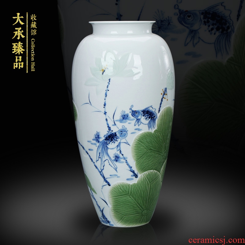 LuYiGang hand - made porcelain of jingdezhen ceramics engraving lotus goldfish vase collection crafts are set